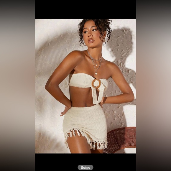 Ring Linked Crop Tube Top & Fringe Trim Asymmetrical Hem Skirt set - Picture 4 of 6